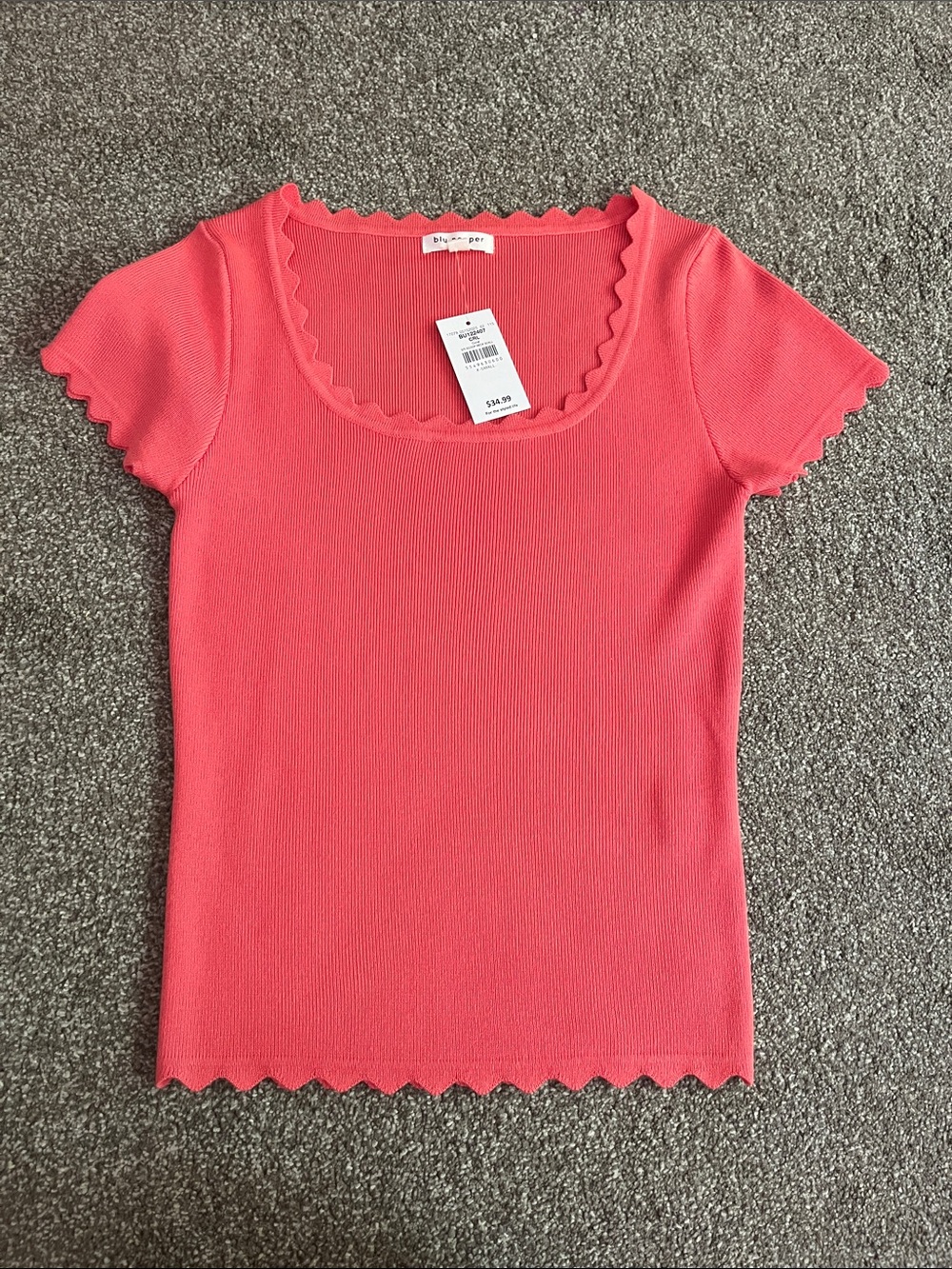 Blu Pepper Coral Pink Scalloped Scoop Neck Short Sleeve Top